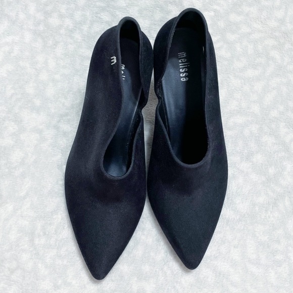 Melissa Black Bootie Drama Flocked Velvet Pointed Toe Heel Ankle Boot Fuzzy - Picture 6 of 12